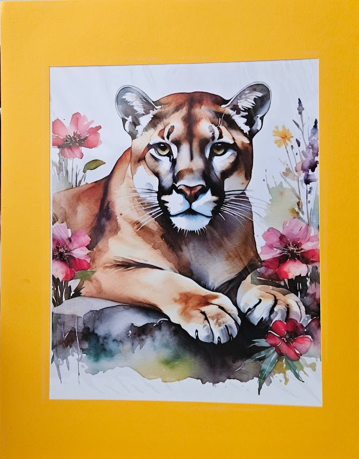 Mountain Lion in Bloom — Watercolor Art Print with Yellow Mat
