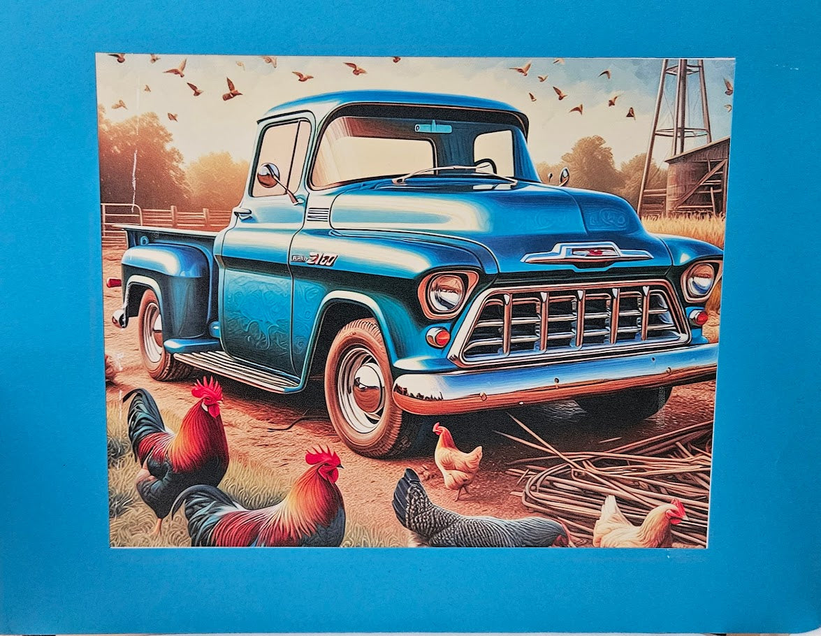 Vintage Chevy Truck & Roosters — Americana Framed Print