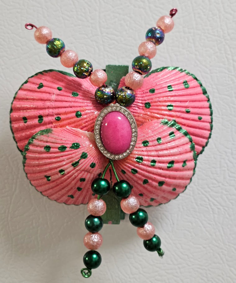 Rose & Emerald Shell Butterfly — Handmade Seashell Art
