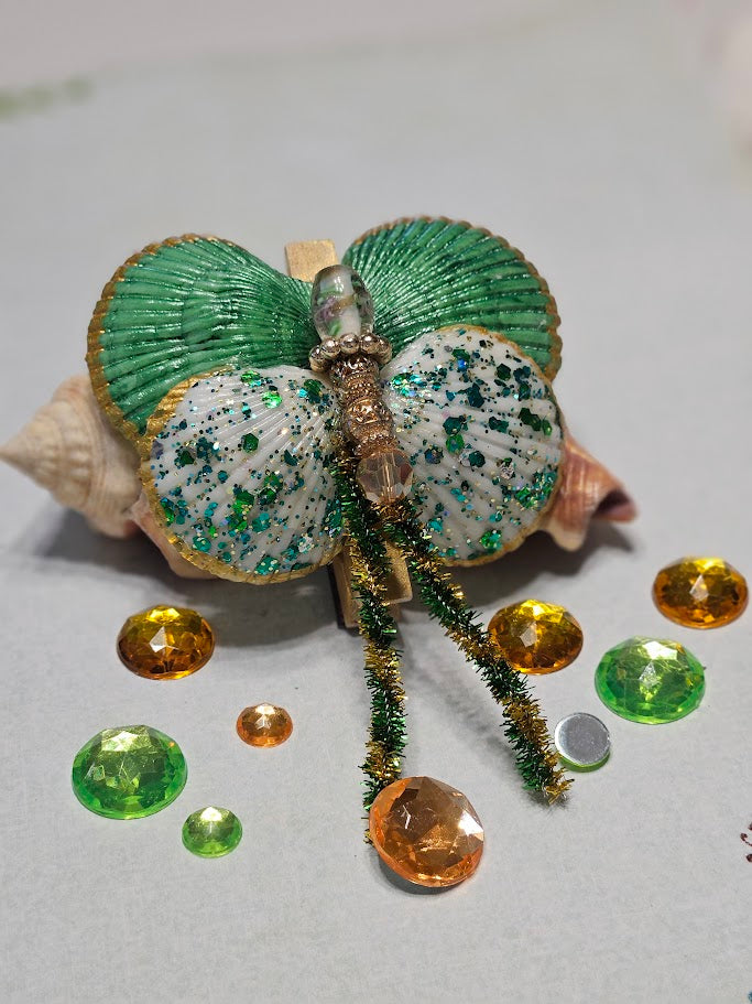 Emerald & Gold Shell Butterfly — Handmade Seashell Art