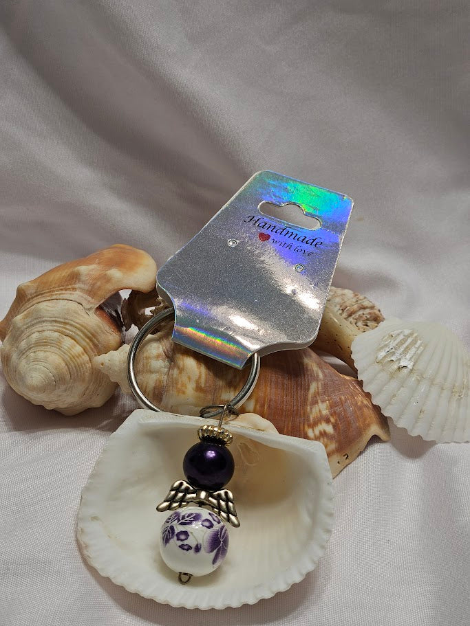 Angel Keyring – Blue Floral & Purple Bead