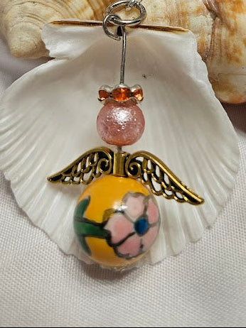 Angel Keyring – Yellow Floral & Pink Pearl Bead