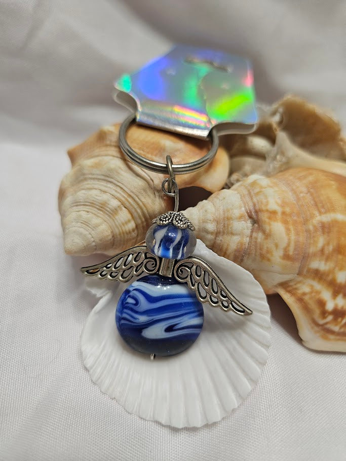 Angel Keyring – Blue & White Swirl Glass Beads