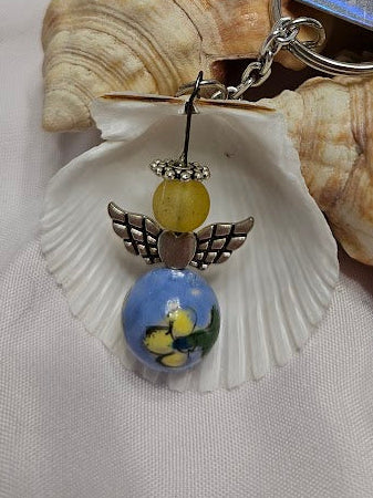 Angel Keyring – Blue Floral & Yellow Jade Bead
