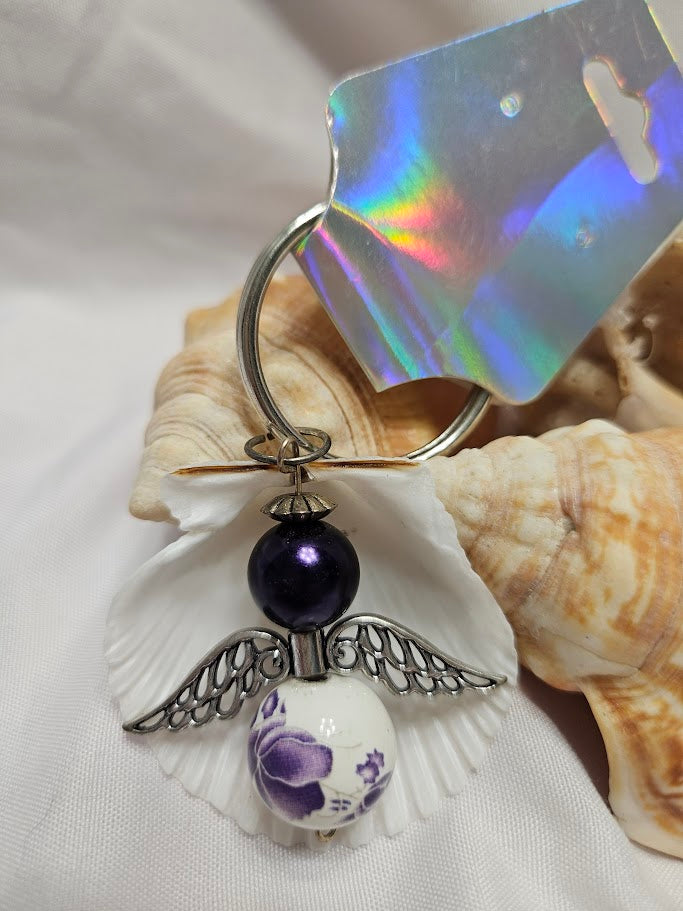 Angel Keyring – Purple Floral Ceramic & Deep Purple Pearl