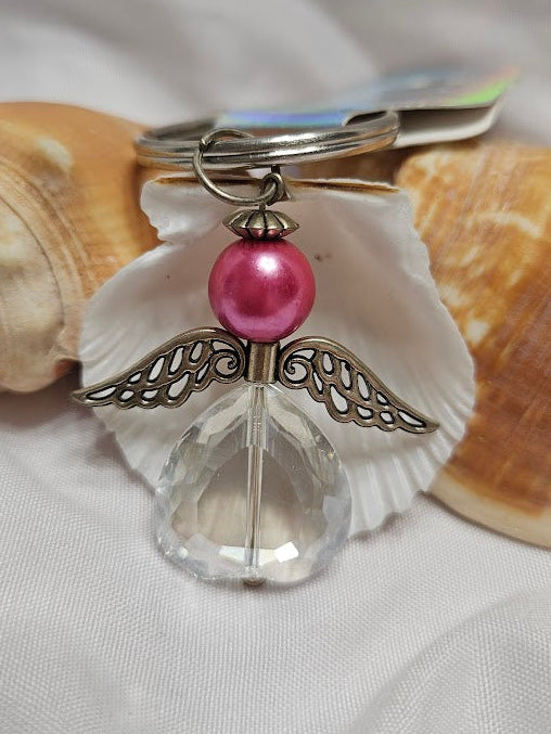 Angel Keyring – Clear Crystal Teardrop & Rose Pink Pearl