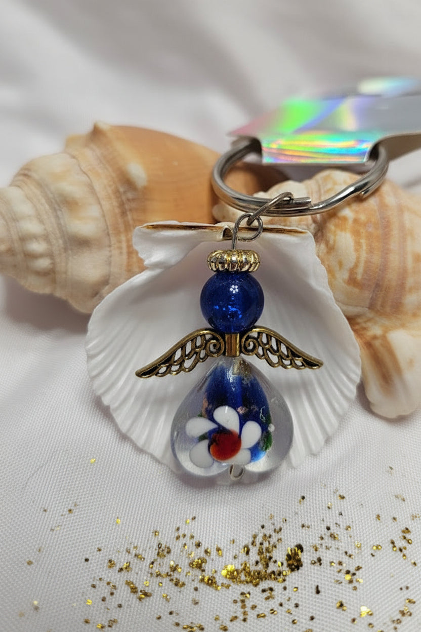 Angel Keyring – Glass Daisy Teardrop & Cobalt Blue Bead