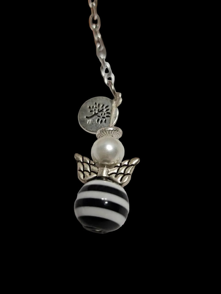 Angel Keyring – Black & White Stripe Bead, Pearl & Tree of Life Charm