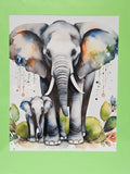 Mother & Baby Elephant — Watercolor Art Print with Green Mat