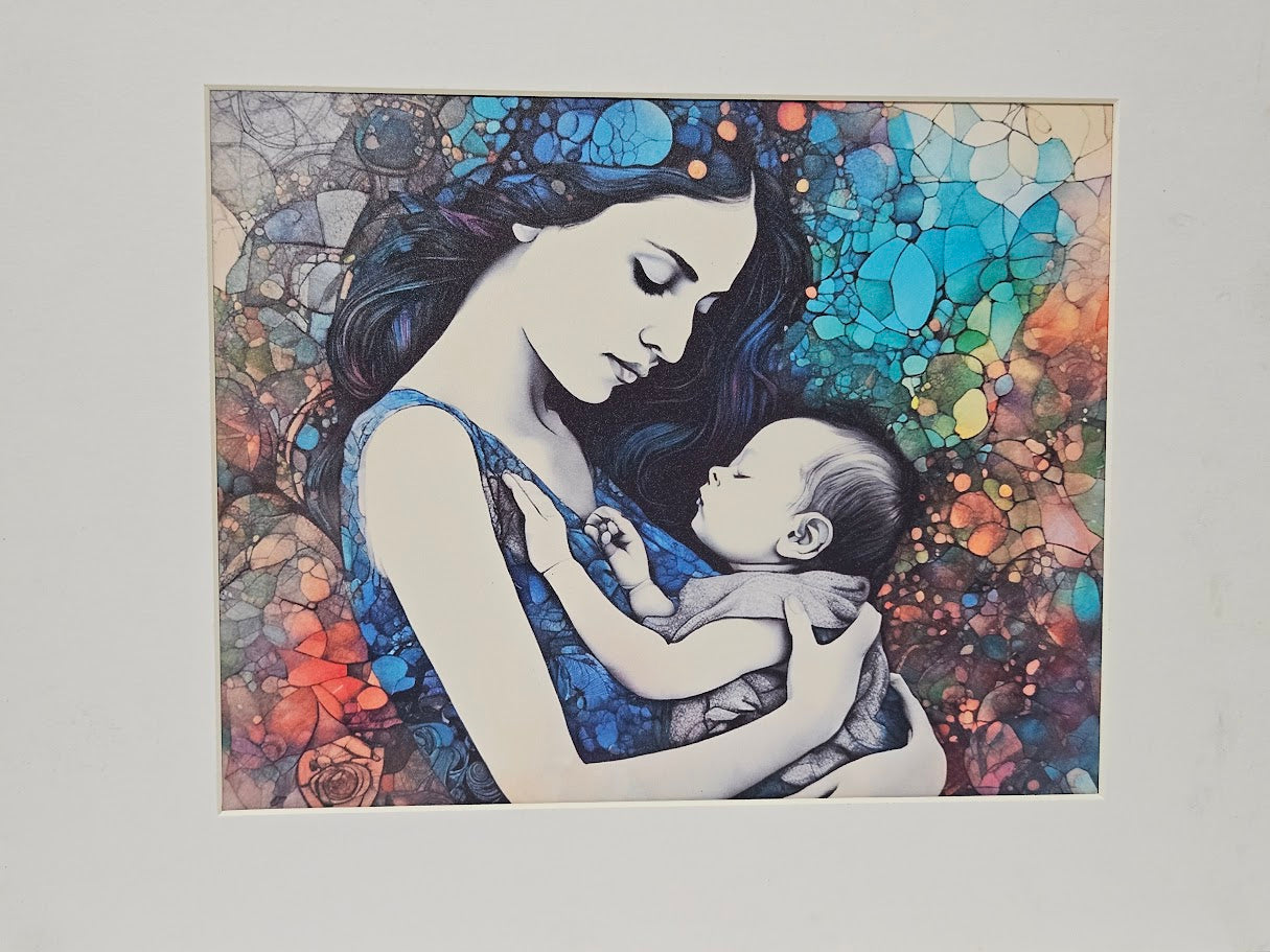 Mother & Newborn — Stained Glass Watercolor Framed Print