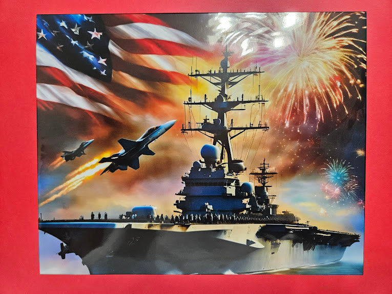 American Pride — Fighter Jets, Warship & Flag Art Print — 11x14 Framed, Ready to Hang