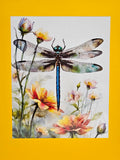 Blue Dragonfly & Wildflowers — Watercolor Framed Print 11x14