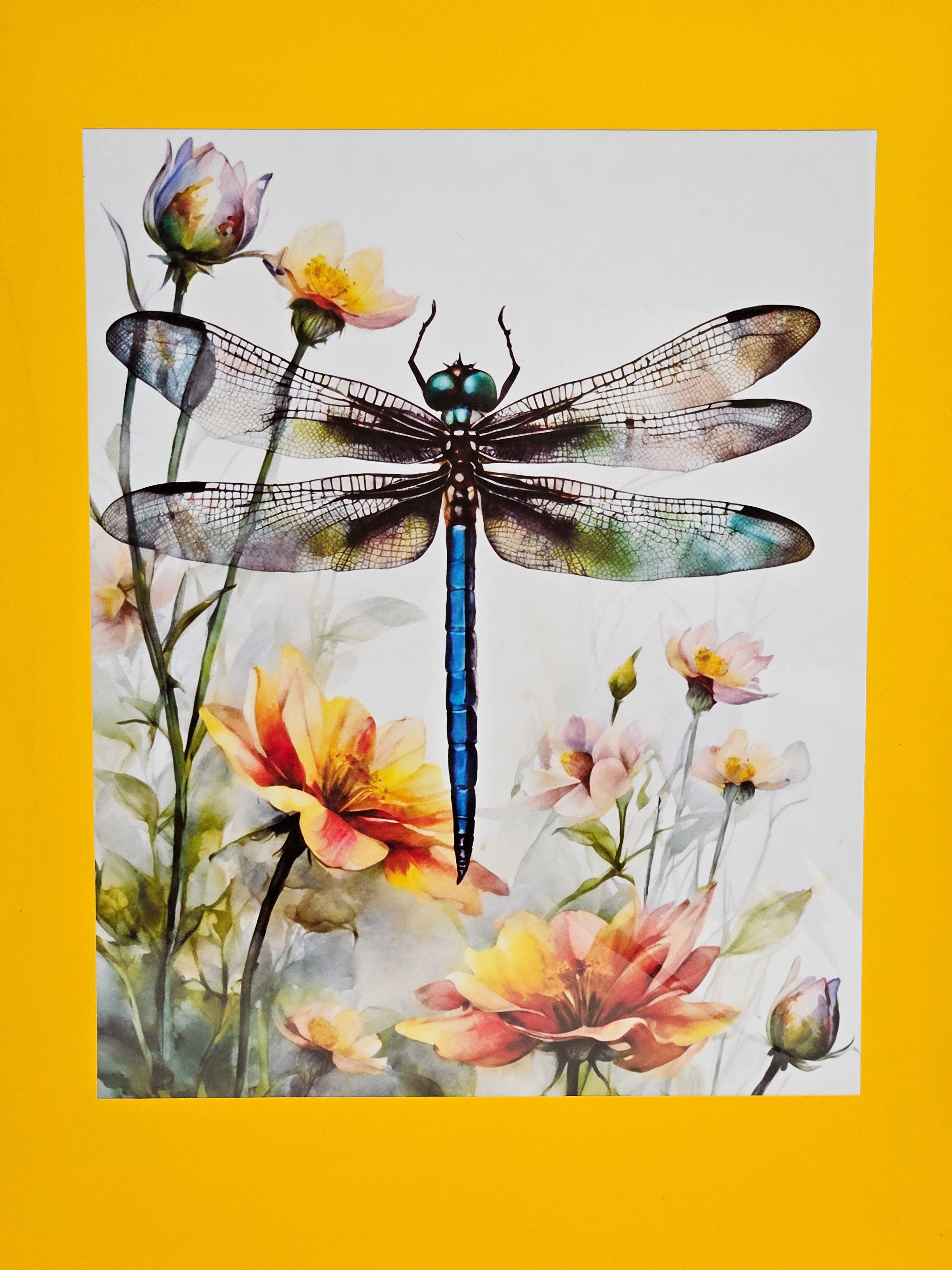 Blue Dragonfly & Wildflowers — Watercolor Framed Print 11x14