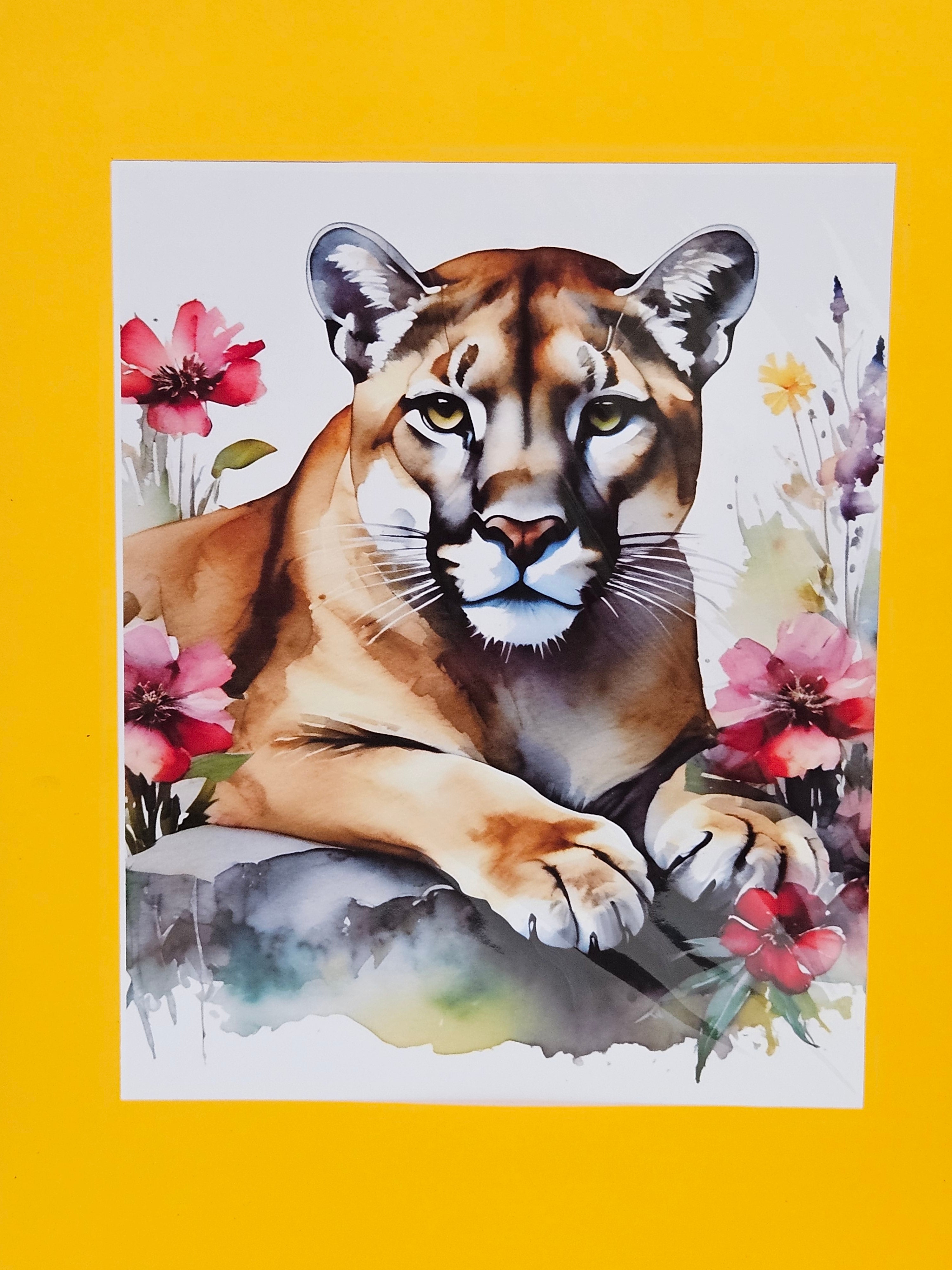 Mountain Lion with Wildflowers — Watercolor Framed Art Print