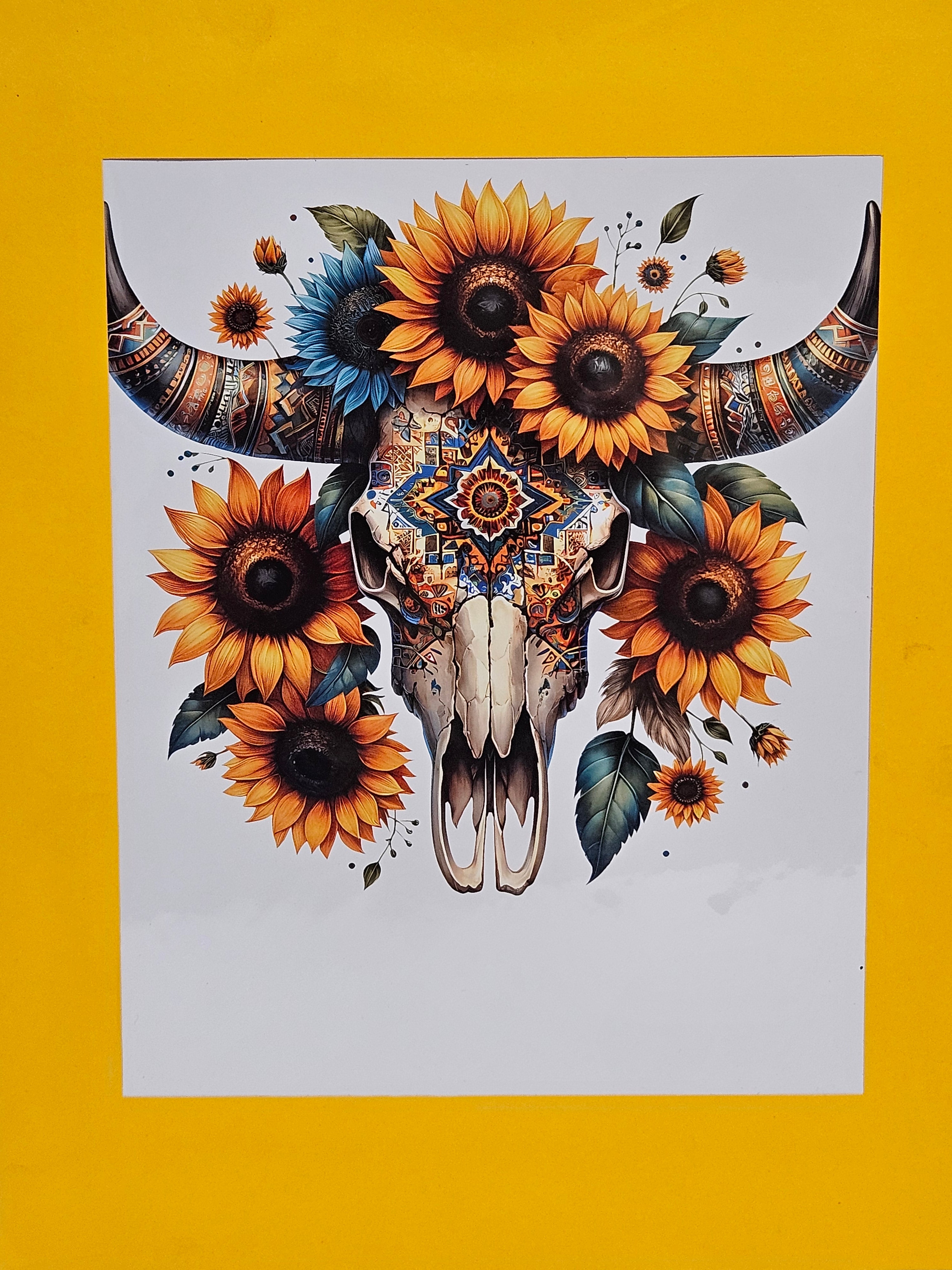 Boho Bull Skull & Sunflowers — Southwestern Framed Print 11x14