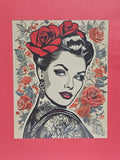 Vintage Rose Woman — Tattoo Style Framed Art Print