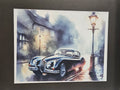 Vintage Jaguar XK on Misty Cobblestone Street — Framed Art Print