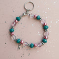 Beaded Bracelet Keyring – Teal Crystal, Pink Pearl & Silver Key Charm
