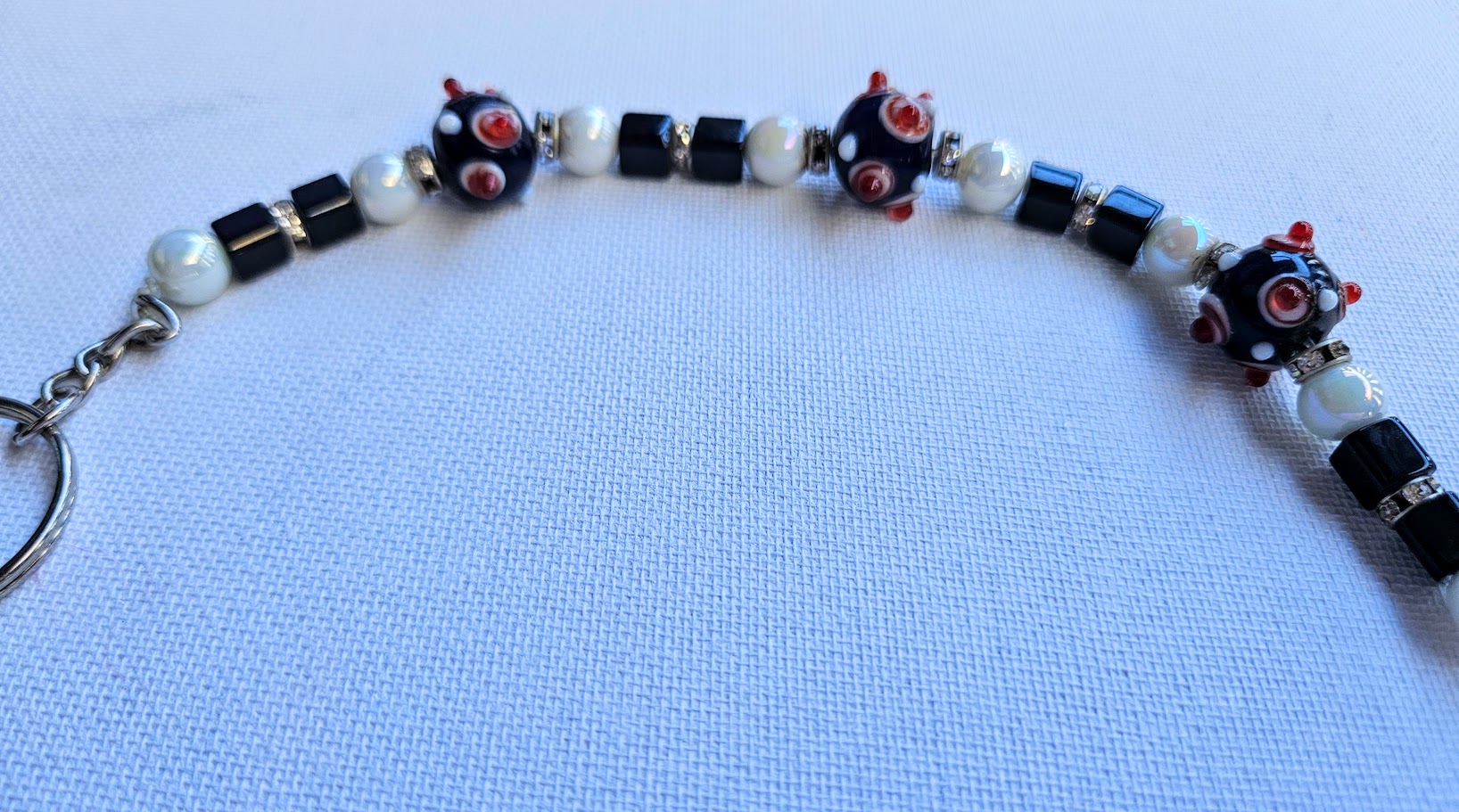Beaded Keyring – Lampwork Polka Dot, Black Cube & Beautiful White Beads