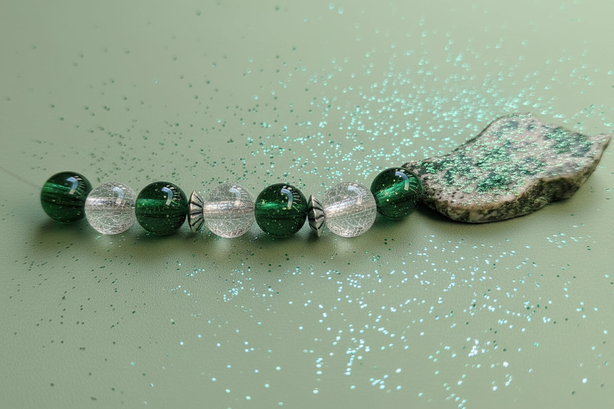 Green Crackle Glass & Natural Stone Keyring