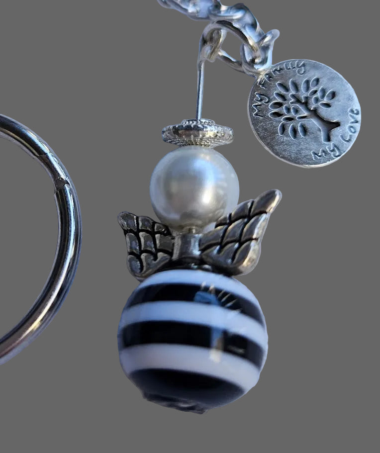 Angel Keyring – Black & White Stripe Bead, Pearl & Tree of Life Charm