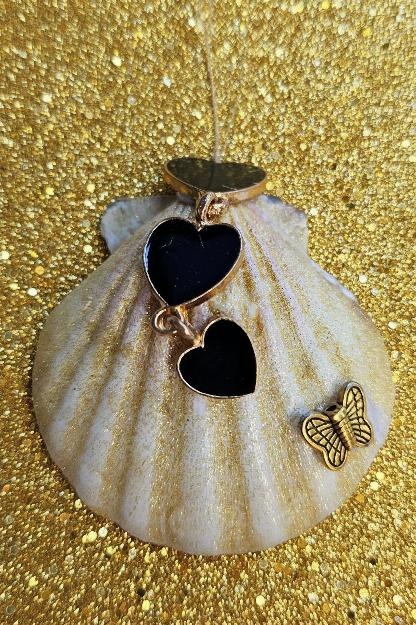 Black Hearts & Butterfly Shell Charm — Coastal Rearview Mirror Hanger