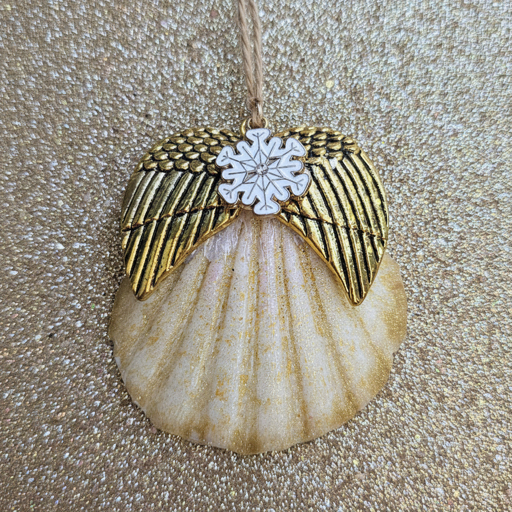 Gold Angel Wings & Snowflake Shell Charm No. 2 — Coastal Rearview Mirror Hanger