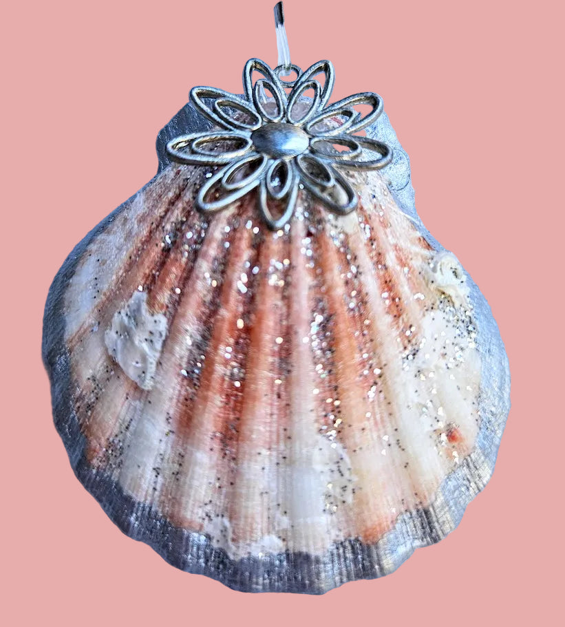 Silver Filigree Flower & Pearl Shell Charm — Coastal Rearview Mirror Hanger