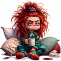 Me Before Coffee No. 4 — Red Top Pillow Pile Morning Girl AI Art Print – Digital Download