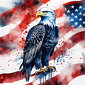 Eagle perched in front of an American Flag