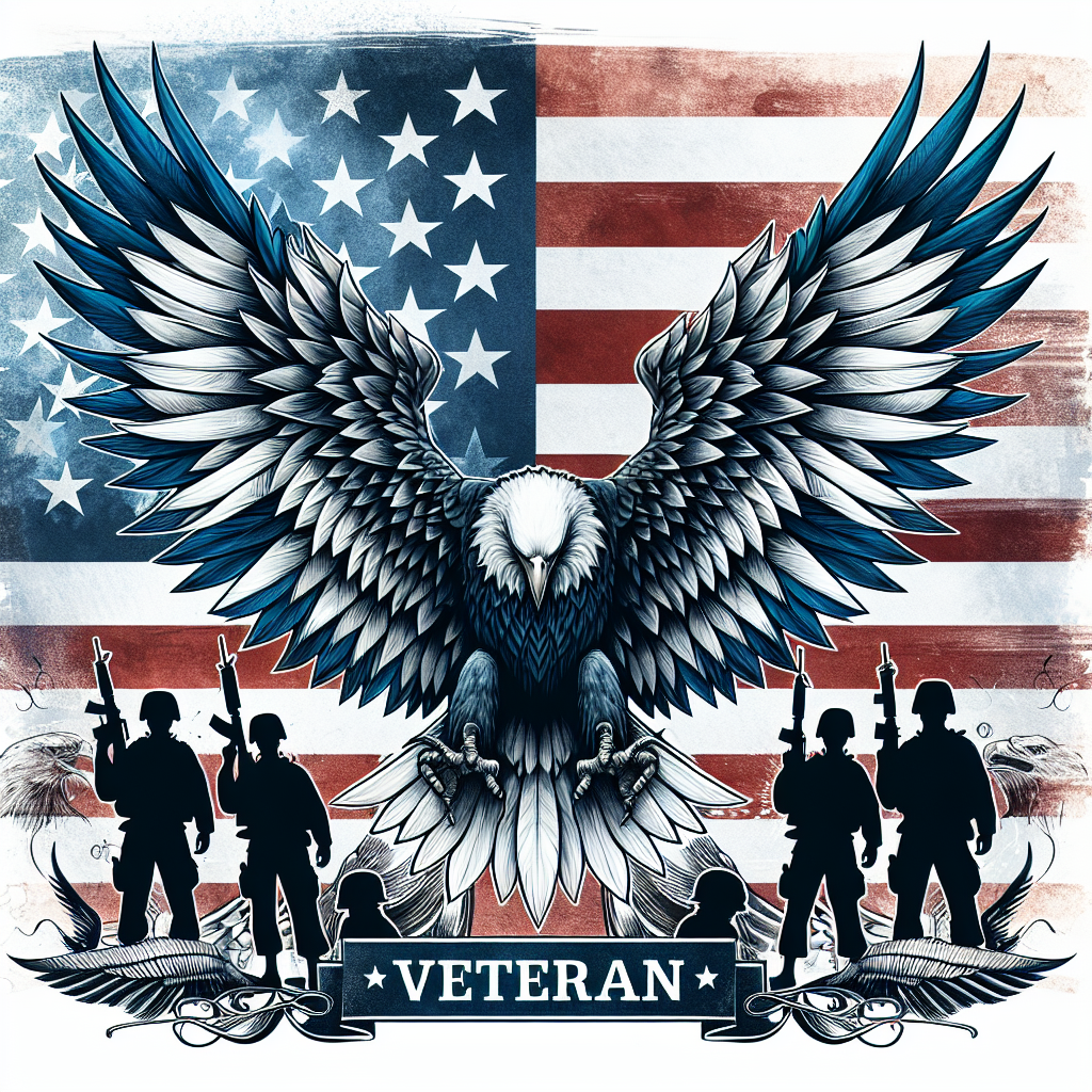 Veteran Print - Beautiful Black, Blue and White Large wings in front of American Flag