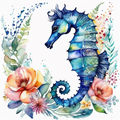 Watercolor Seahorse with Florals Digital Print