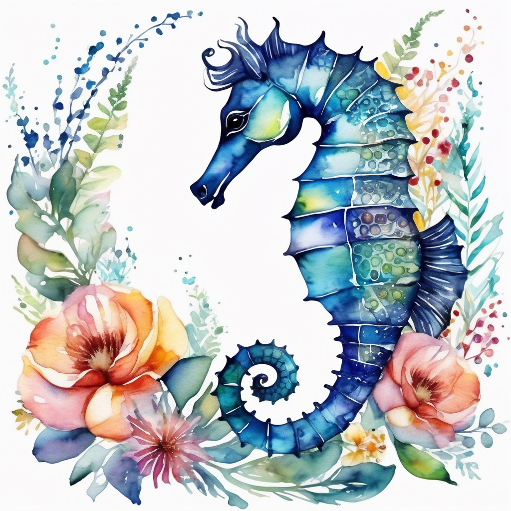Watercolor Seahorse with Florals Digital Print