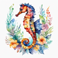 Colorful Watercolor Seahorse with Tropical Florals Digital Print