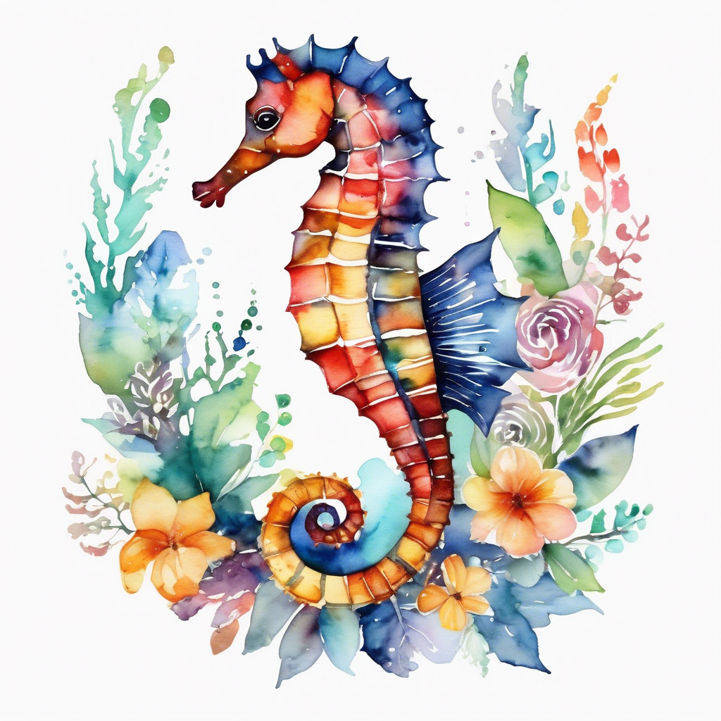 Colorful Watercolor Seahorse with Tropical Florals Digital Print