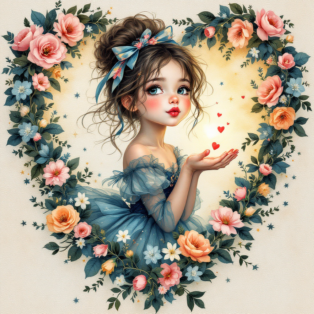 Fairy Blowing Kisses — Floral Heart Art Print