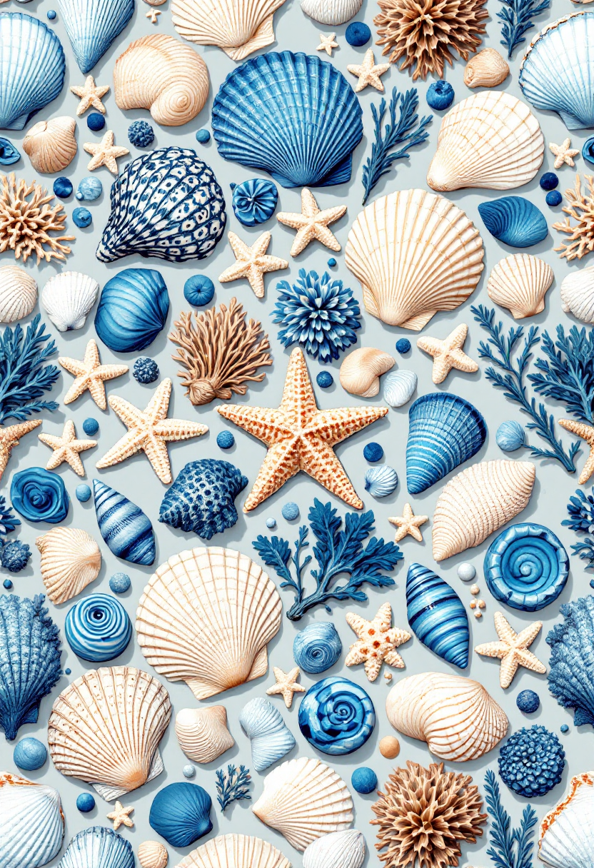 Coastal Shells & Starfish Pattern Digital Print