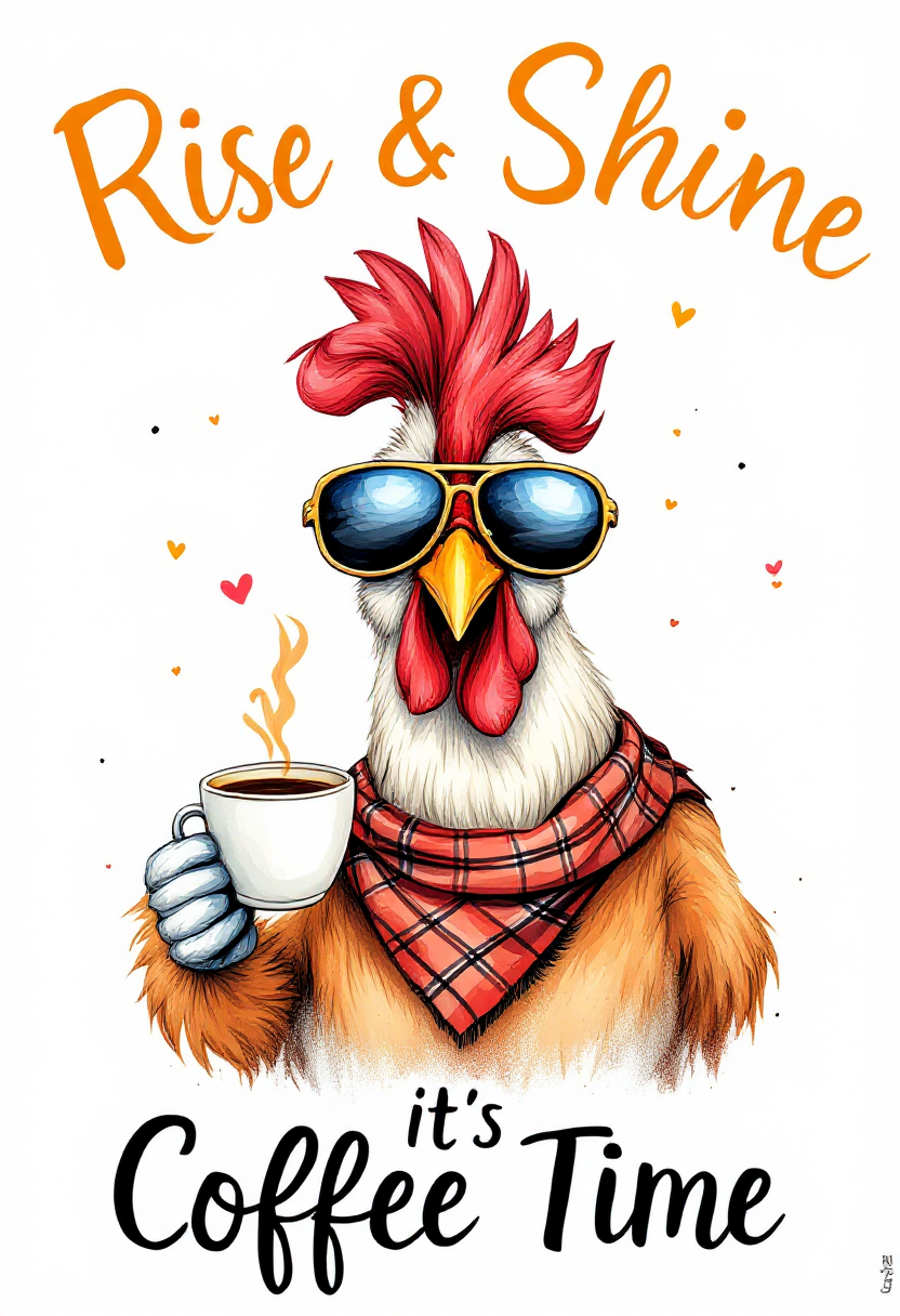 Rise & Shine It's Coffee Time — Rooster AI Art Print – Digital Download