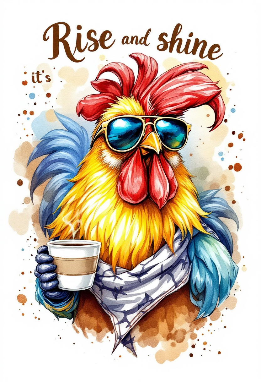 Rise and Shine It's Coffee Time — Cool Rooster No. 2 AI Art Print – Digital Download
