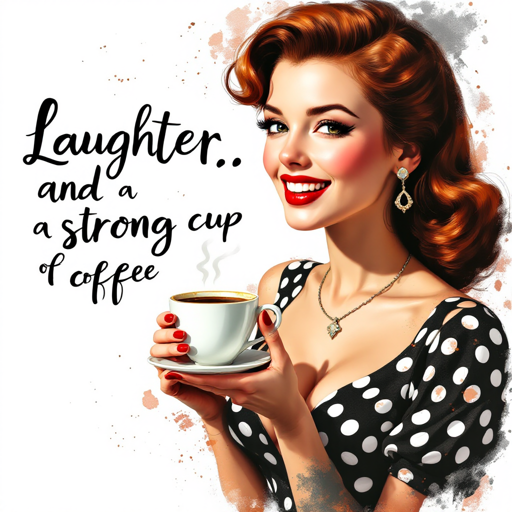 Laughter and a Strong Cup of Coffee — Retro Pin-Up AI Art Print – Digital Download
