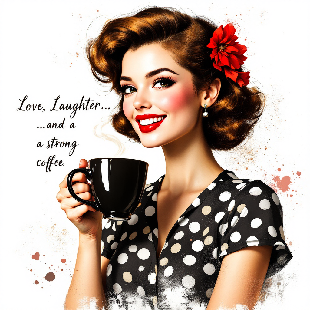 Love, Laughter and a Strong Coffee — Retro Pin-Up AI Art Print – Digital Download