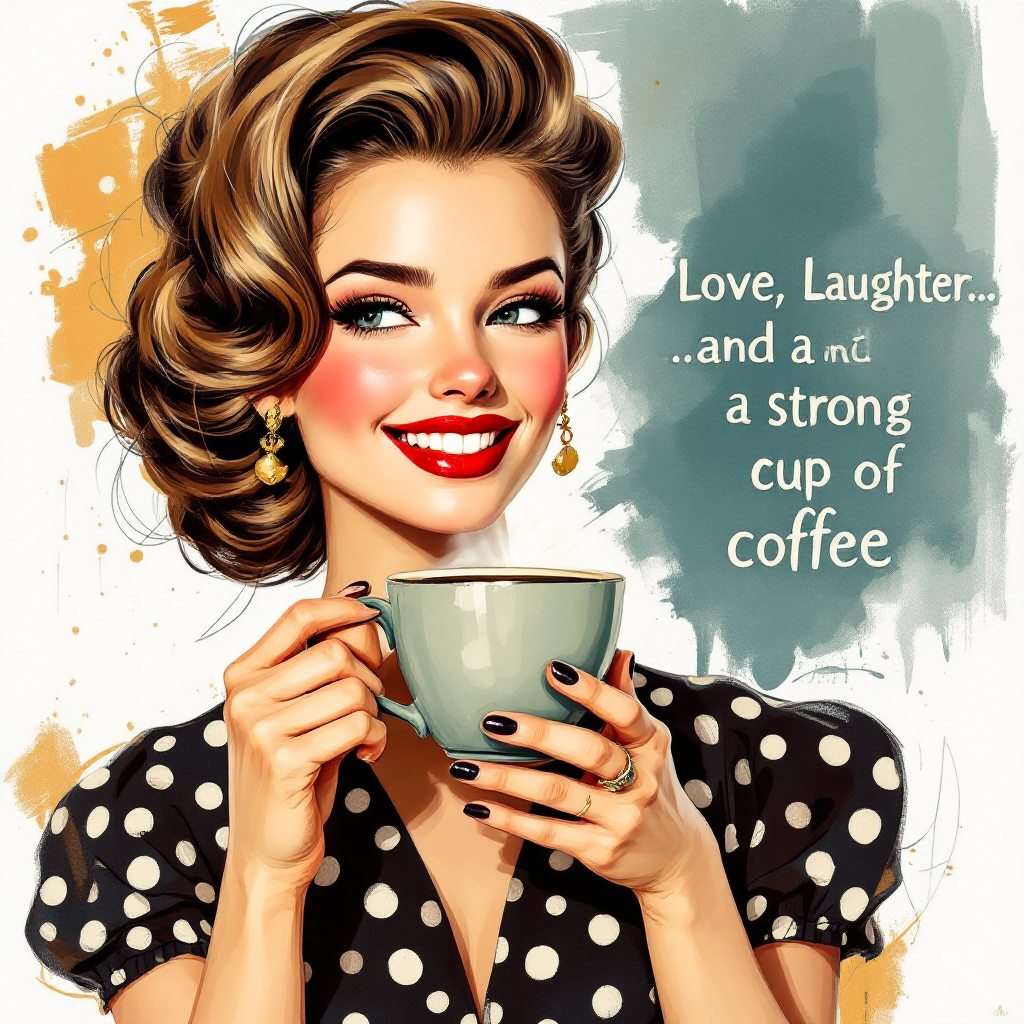 Love, Laughter and a Strong Cup of Coffee — Retro Pin-Up No. 2 AI Art Print – Digital Download