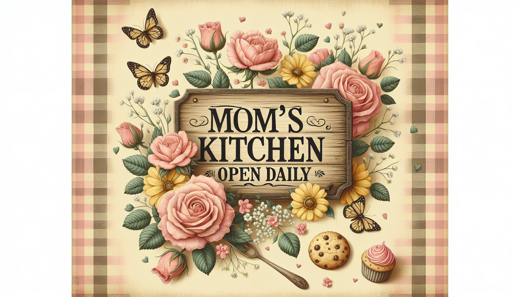 Mom’s Kitchen Open Daily – Vintage Floral Digital Art Print