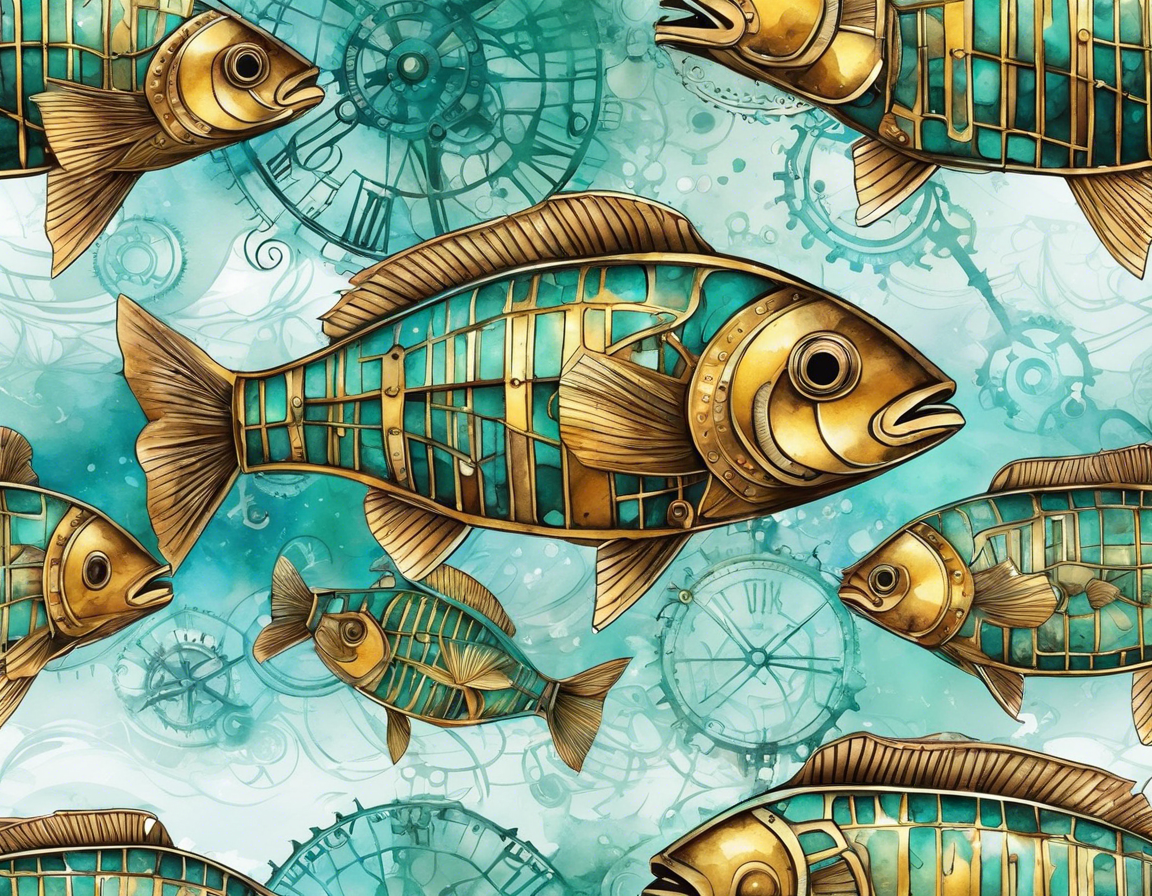 Steampunk Mechanical Fish School Watercolor Digital Print