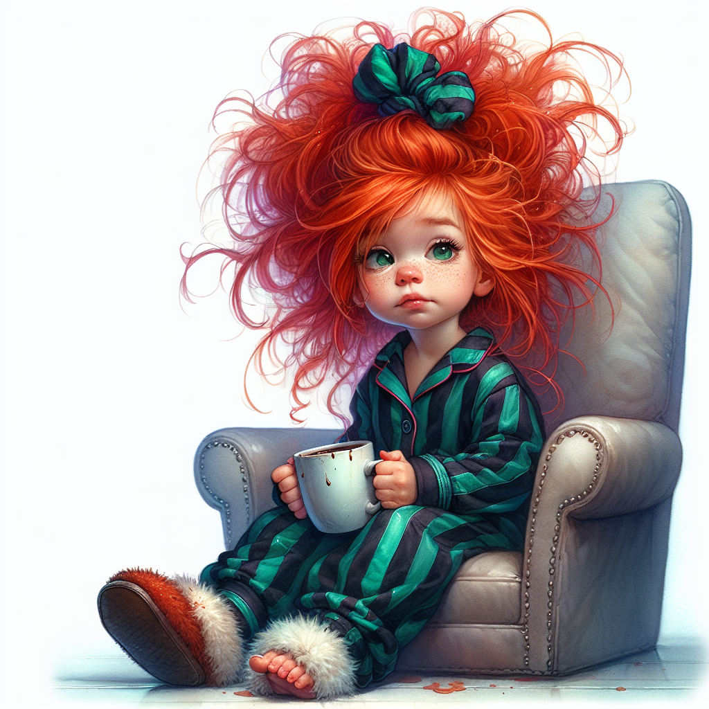Me Before Coffee No. 5 — Red Top Armchair Morning Girl AI Art Print – Digital Download