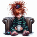 Me Before Coffee No. 6 — Red Top Leather Chair Morning Girl AI Art Print – Digital Download