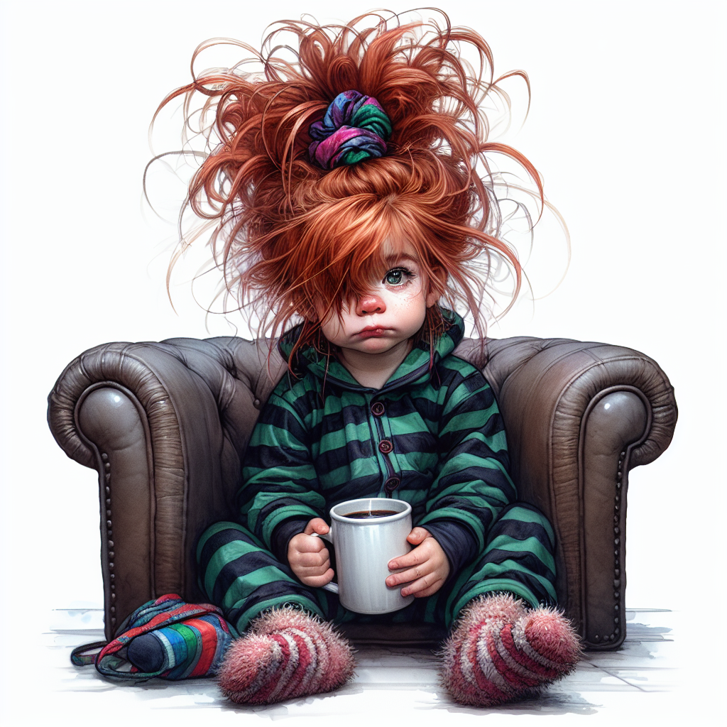 Me Before Coffee No. 6 — Red Top Leather Chair Morning Girl AI Art Print – Digital Download