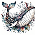 Whimsical Floral Whale Watercolor Digital Print