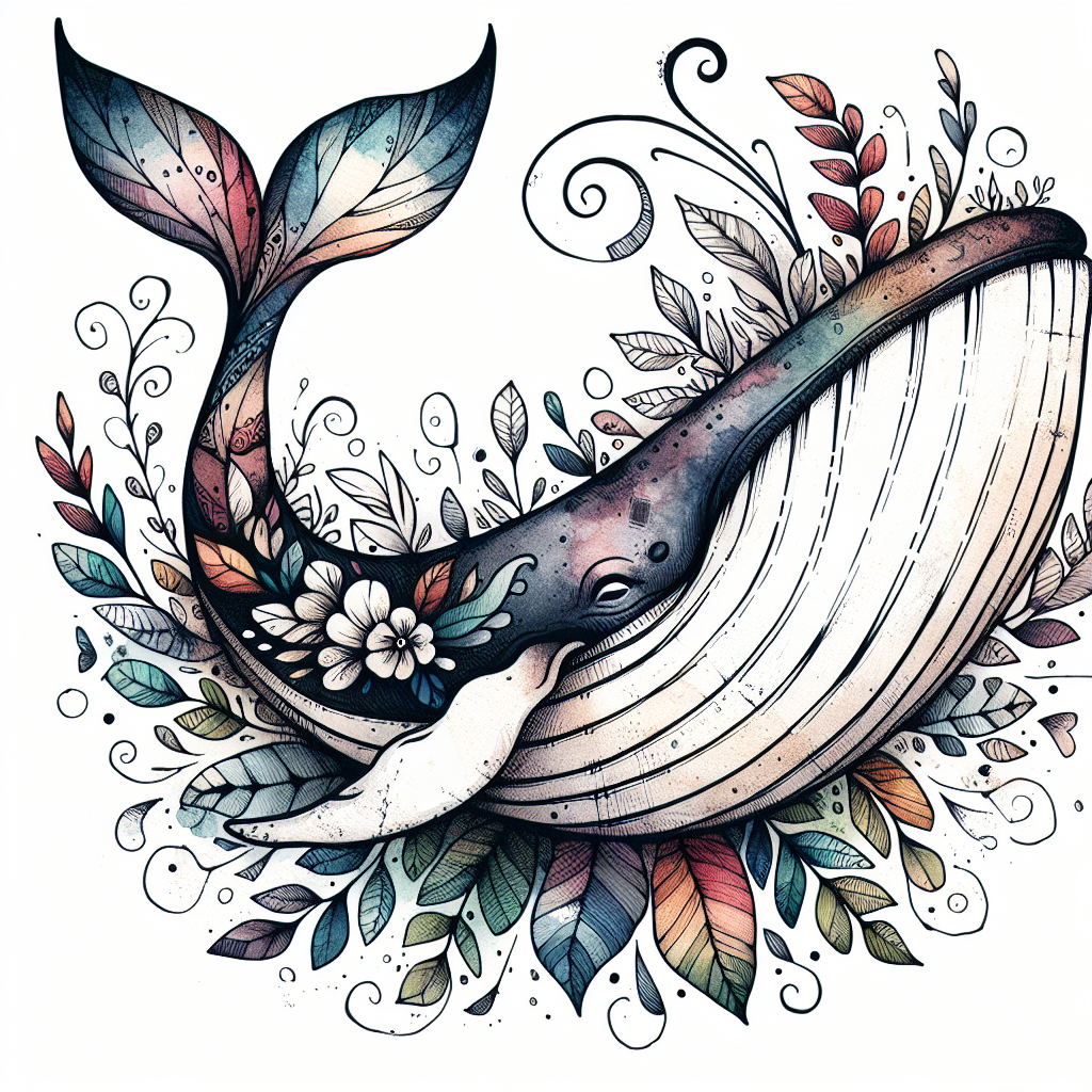 Whimsical Floral Whale Watercolor Digital Print