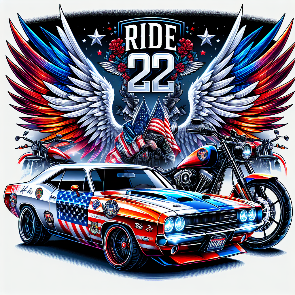 Tribute to All Military and First Responders – Ride 22 – Beautiful Wings, Motorcycle and Car Red, White & Blue